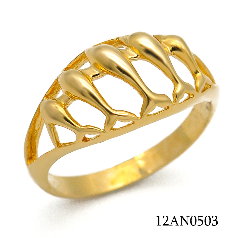 18K gold plated brass ring with five polished teardrop motifs in an openwork band, SKU 12AN0503