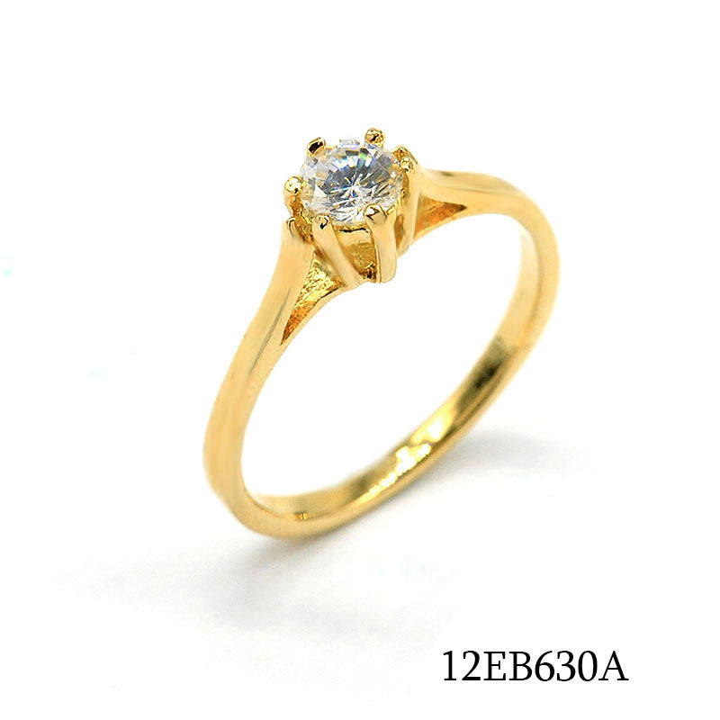 18K gold plated brass solitaire ring with round Cubic Zirconia gemstone, SKU 12EB630A
