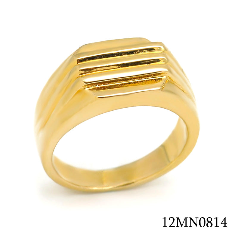 18K gold plated brass geometric signet ring with engraved stripe details, SKU 12MN0814