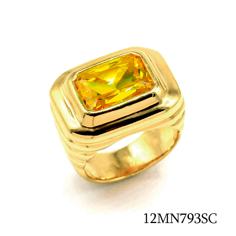 18K gold plated brass yellow stone signet ring with rectangular gemstone design, SKU 12MN793SC
