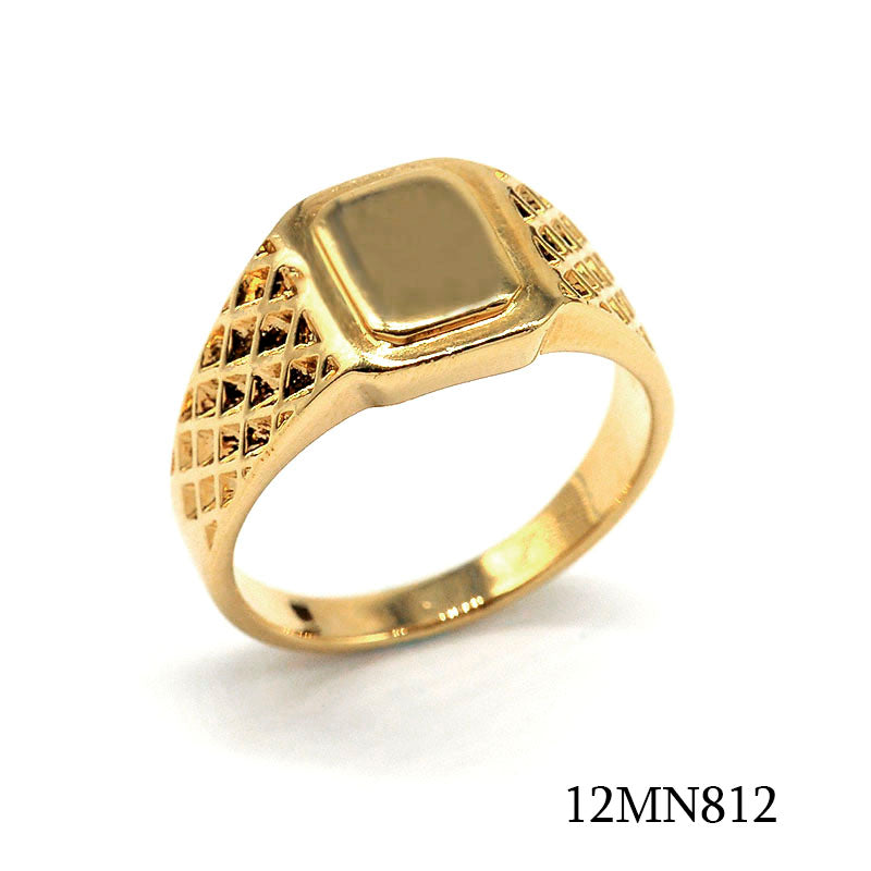 18K gold plated brass square signet ring with textured shoulder details, SKU 12MN812