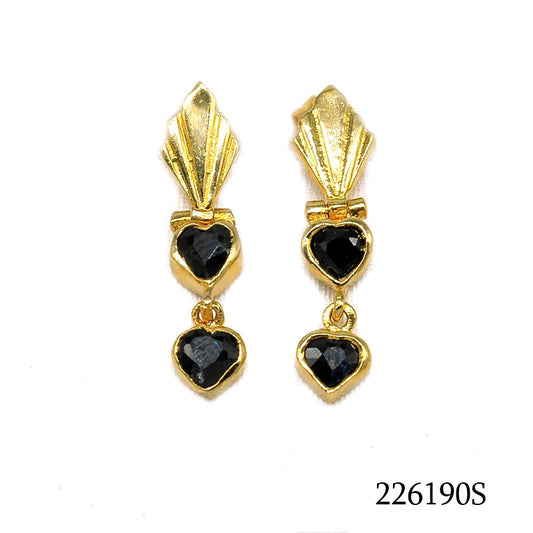 18K gold plated Art Deco drop earrings with double black synthetic heart stones, SKU 226190S