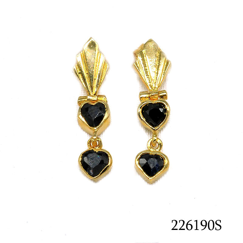 18K gold plated Art Deco drop earrings with double black synthetic heart stones, SKU 226190S