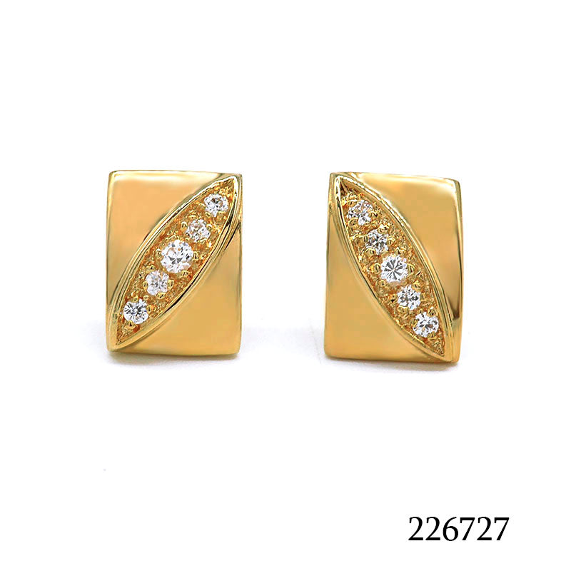 18K gold plated rectangular stud earrings with diagonal clear pavé cubic zirconia inlay, SKU 226727