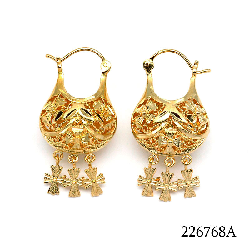 18K gold plated floral openwork hoop earrings with three cross dangles, SKU 226768A