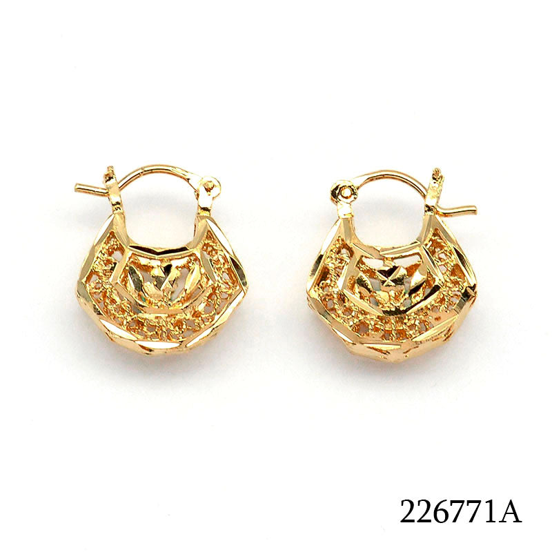 18K gold plated geometric openwork mini hoop earrings with floral center, SKU 226771A