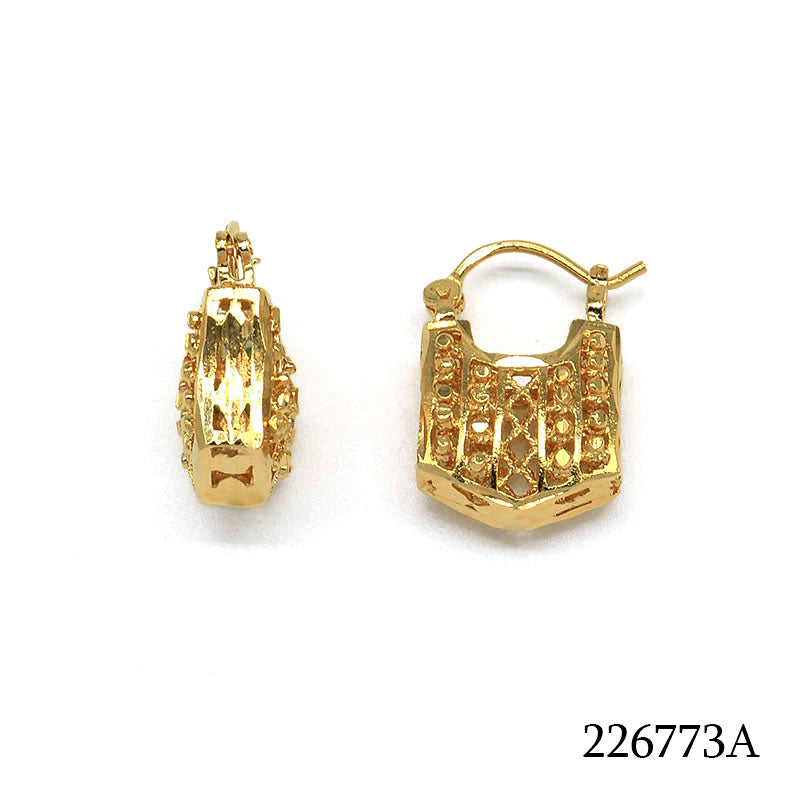 18K gold plated mini hoop earrings with faceted textured vertical panels, SKU 226773A