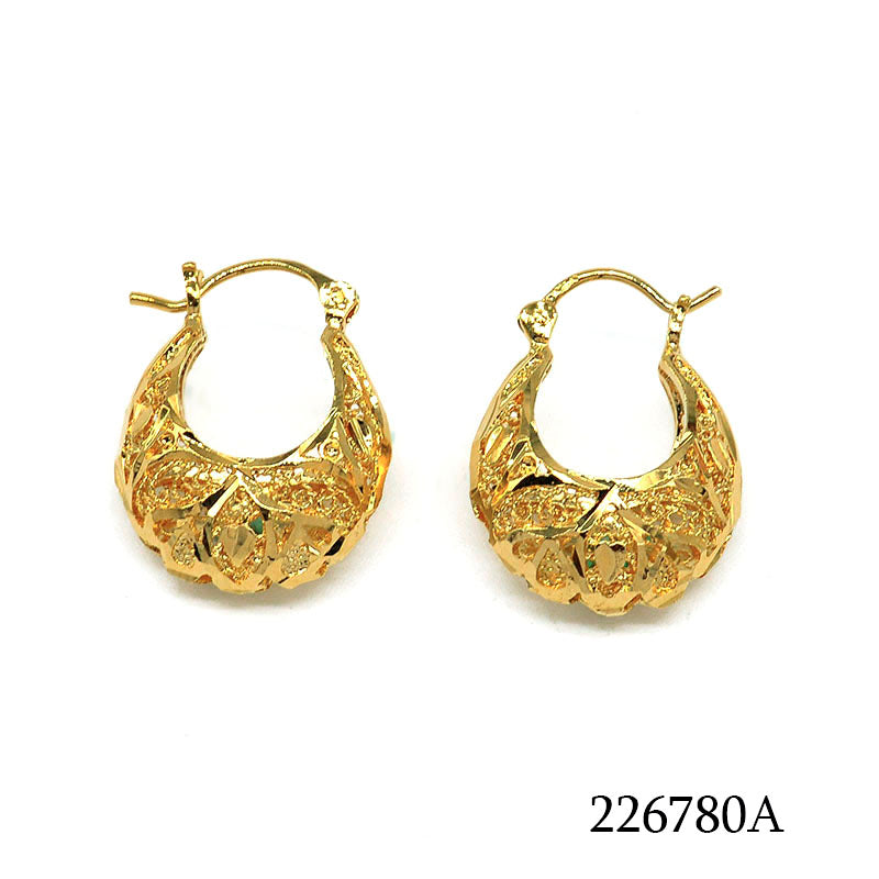 18K gold plated ornate floral basket hoop earrings with openwork detailing, SKU 226780A