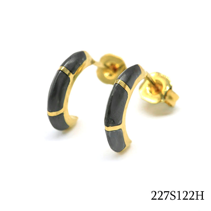 18K gold plated curved bar stud earrings with black segmented accents, SKU 227S122H