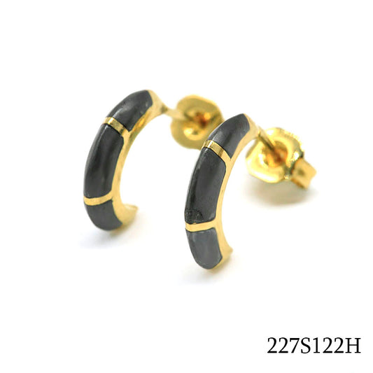 18K gold plated curved bar stud earrings with black segmented accents, SKU 227S122H