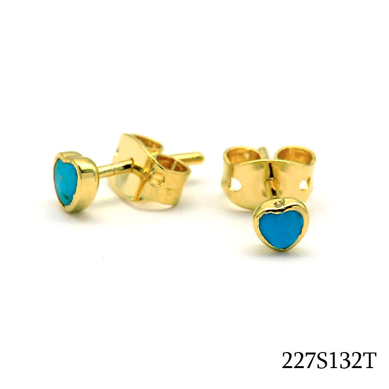 18K gold plated heart stud earrings with turquoise-color synthetic stones, SKU 227S132T