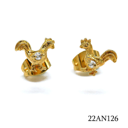 18K gold plated rooster stud earrings with clear cubic zirconia accents, SKU 22AN126