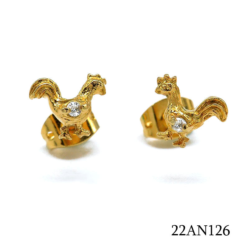 18K gold plated rooster stud earrings with clear cubic zirconia accents, SKU 22AN126