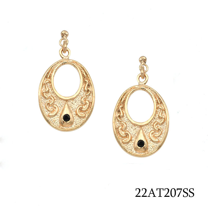 18K gold plated oval scroll medallion drop earrings with black synthetic accents, SKU 22AT207SS
