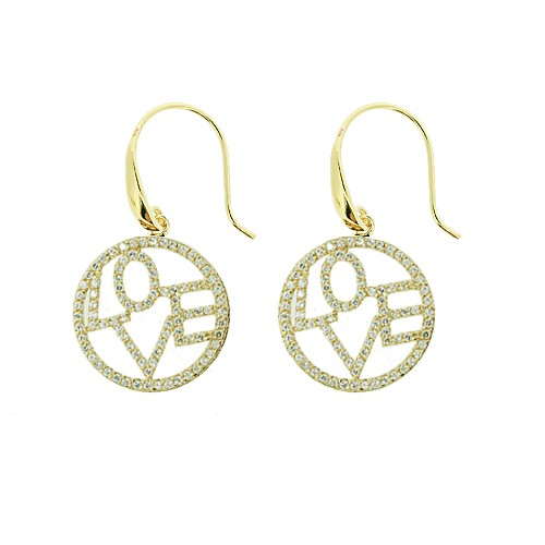18K gold plated round LOVE drop earrings with clear pavé cubic zirconia, SKU 22EL076CZ
