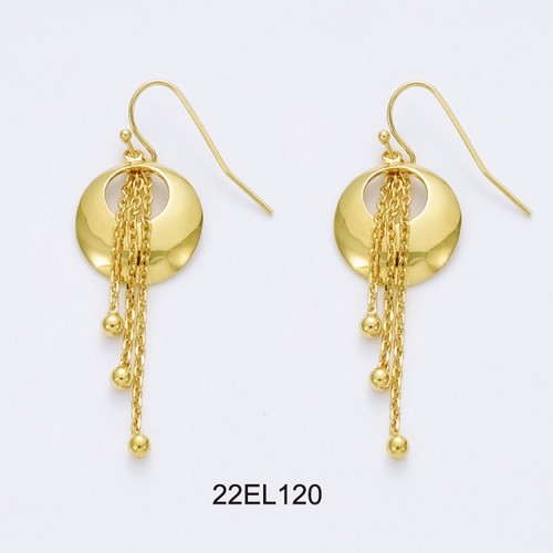 18K gold plated disc drop earrings with cascading chain tassels, SKU 22EL120