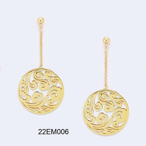 18K gold plated round chain drop earrings with ornate scrollwork, SKU 22EM006