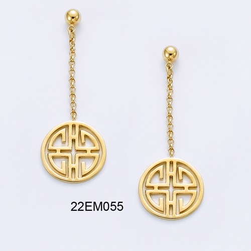 18K gold plated geometric openwork medallion chain drop earrings, SKU 22EM055