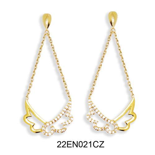 18K gold plated wing chain drop earrings with clear pavé cubic zirconia, SKU 22EN021CZ