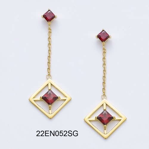 18K gold plated geometric chain drop earrings with red synthetic stones, SKU 22EN052SG