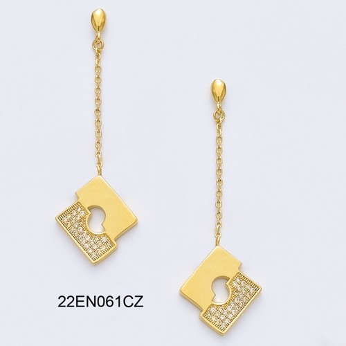 18K gold plated lock chain drop earrings with heart cutout and clear pavé cubic zirconia, SKU 22EN061CZ