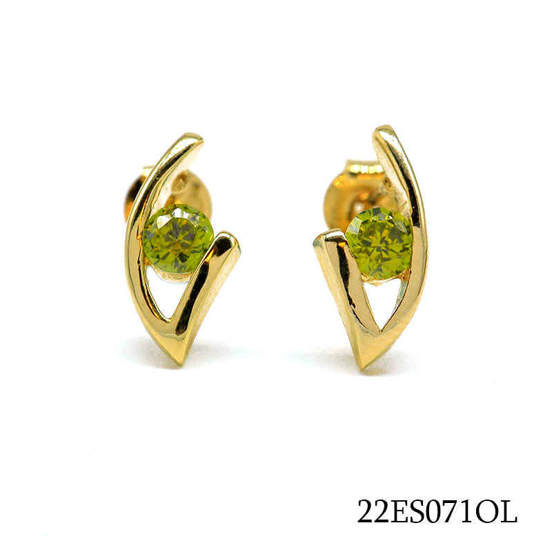 18K gold plated open leaf stud earrings with round green synthetic stones, SKU 22ES071OL