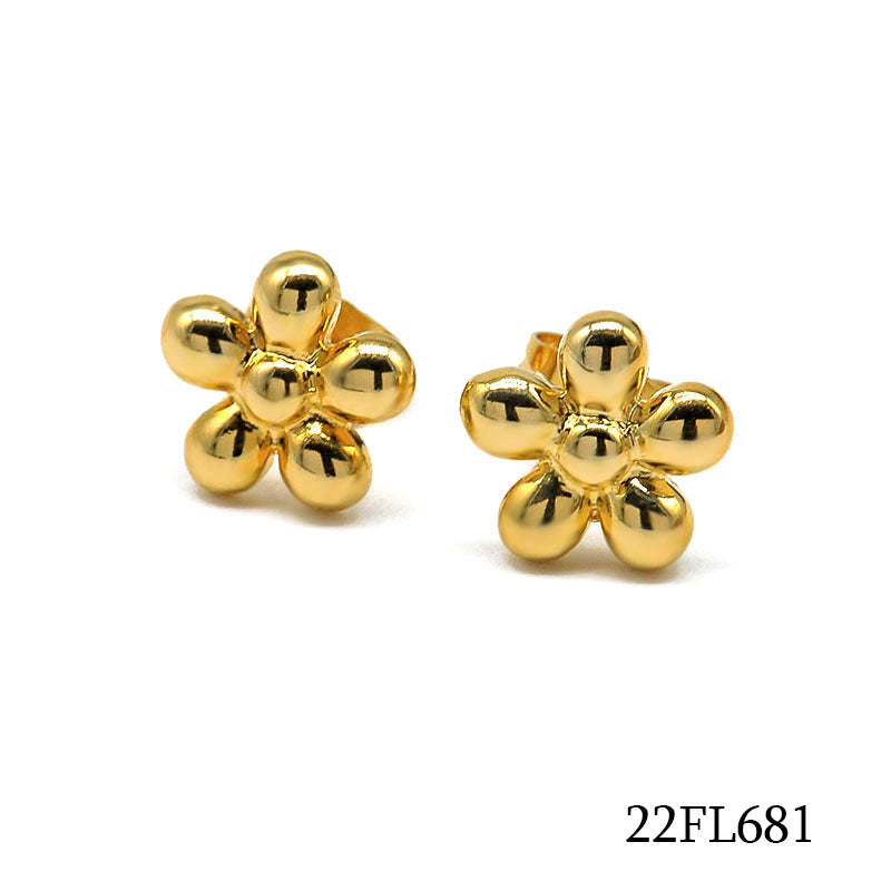 18K gold plated five-petal flower stud earrings with polished rounded petals, SKU 22FL681