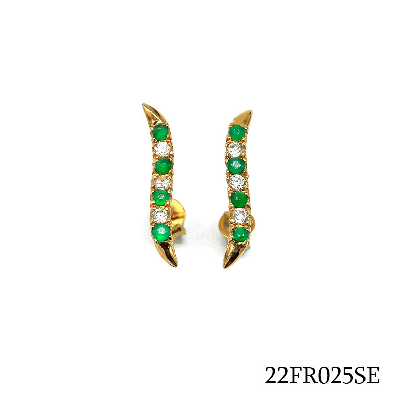 18K gold plated curved leaf stud earrings with green and clear cubic zirconia, SKU 22FR025SE