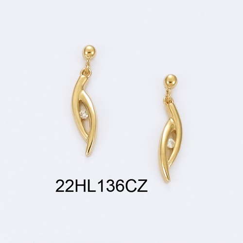 18K gold plated curved leaf drop earrings with single clear cubic zirconia accents, SKU 22HL136CZ