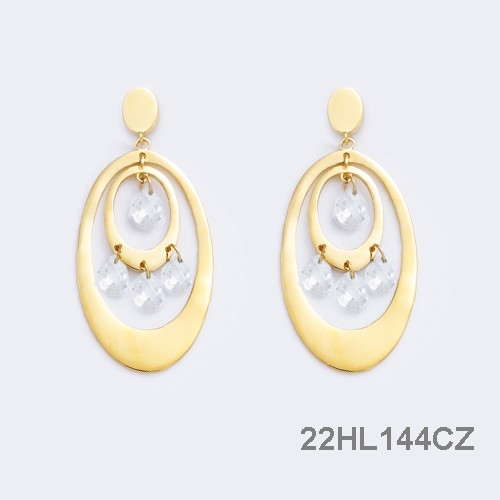 18K gold plated layered oval chandelier earrings with clear faceted cubic zirconia dangles, SKU 22HL144CZ