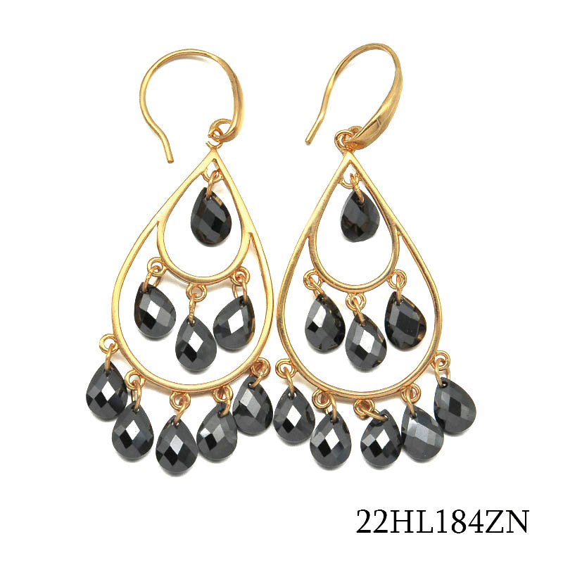 18K gold plated layered teardrop chandelier earrings with black synthetic crystal dangles, SKU 22HL184ZN