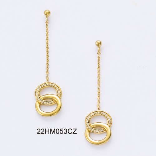 18K gold plated interlocking double circle chain drop earrings with clear pavé cubic zirconia, SKU 22HM053CZ