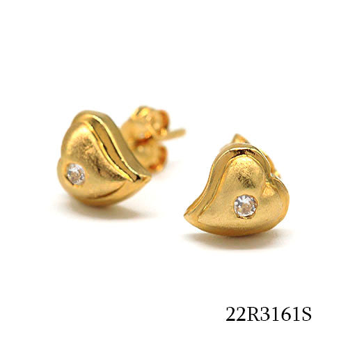 18K gold plated sculptural heart stud earrings with single clear cubic zirconia accents, SKU 22R3161S