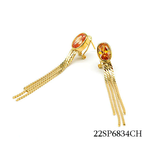 18K gold plated yellow cubic zirconia stud earrings with triple chain tassels, SKU 22SP6834CH