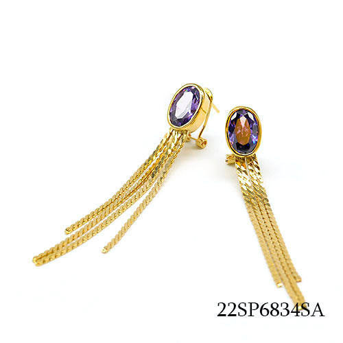 18K gold plated blue cubic zirconia stud earrings with triple chain tassels, SKU 22SP6834SA