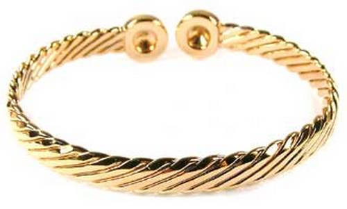 18K gold plated twisted cable open bangle bracelet with polished ball ends, SKU 320058