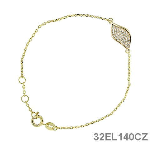 18K gold plated chain bracelet with clear pavé cubic zirconia leaf station, SKU 32EL140CZ