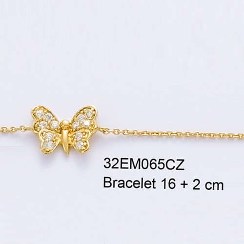 18K gold plated butterfly station bracelet with clear pavé cubic zirconia, 16 plus 2 cm, SKU 32EM065CZ
