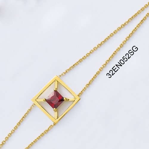 18K gold plated diamond frame chain bracelet with square red synthetic stone, SKU 32EN052SG