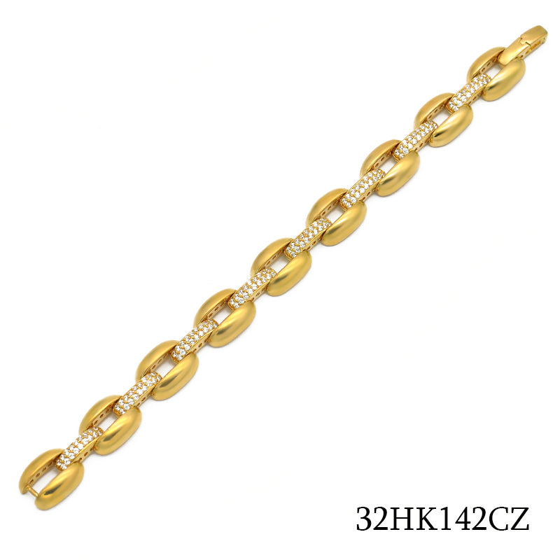 18K gold plated statement bracelet with polished oval links and clear pavé cubic zirconia bars, SKU 32HK142CZ