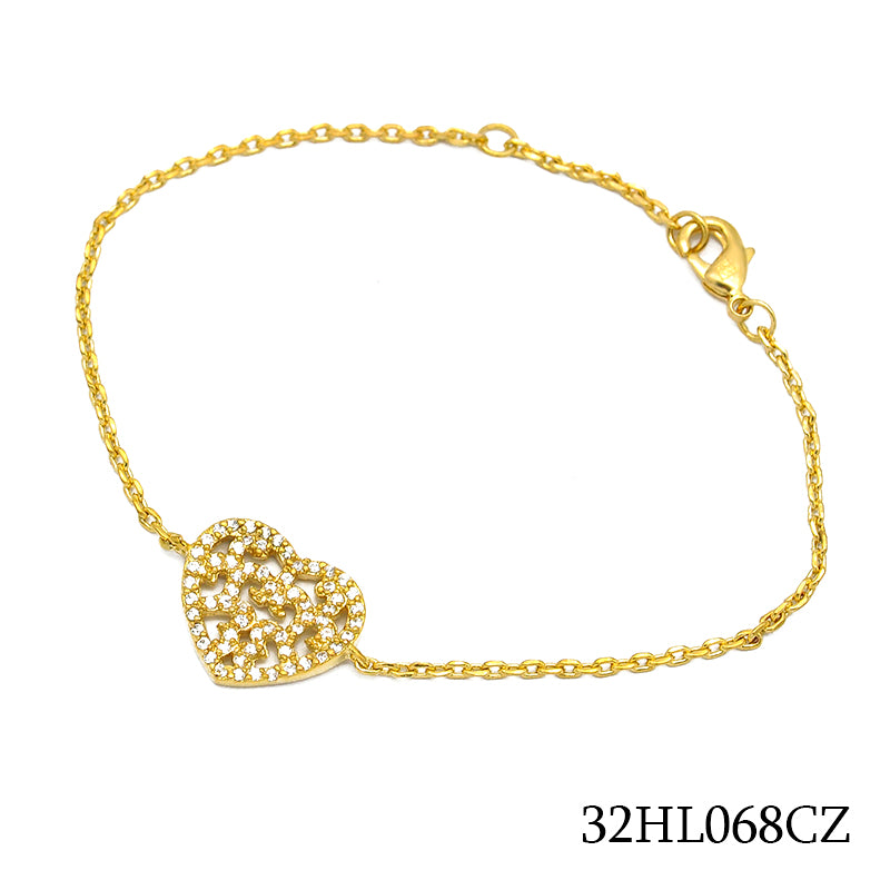 18K gold plated open heart chain bracelet with layered motifs and clear pavé cubic zirconia, SKU 32HL068CZ