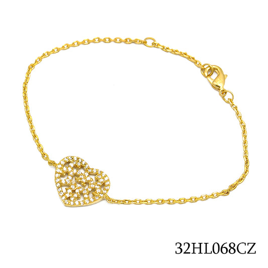18K gold plated open heart chain bracelet with layered motifs and clear pavé cubic zirconia, SKU 32HL068CZ