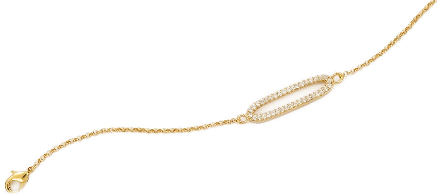 18K gold plated elongated open oval chain bracelet outlined with clear pavé cubic zirconia, SKU 32HL113CZ