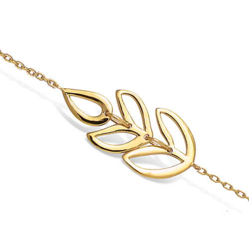 18K gold plated chain bracelet with three connected open leaf stations, SKU 32HN041