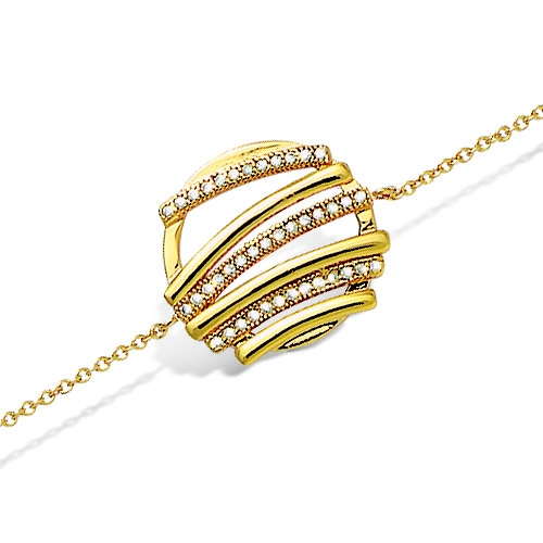 18K gold plated layered ribbon station bracelet with clear pavé cubic zirconia bands, SKU 32HN058CZ