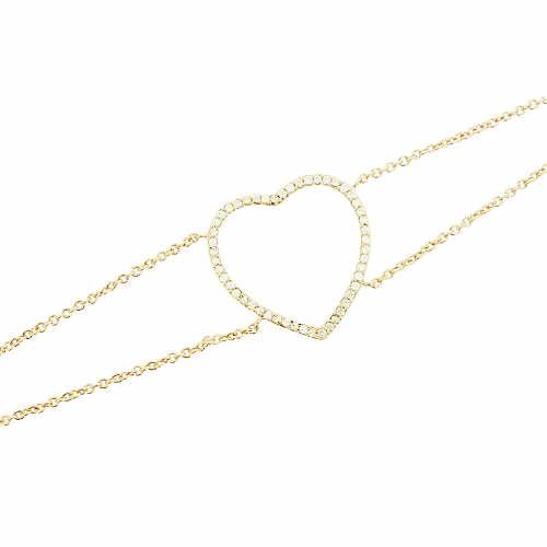 18K gold plated open heart station chain bracelet outlined with clear pavé cubic zirconia, SKU 32HN135CZ