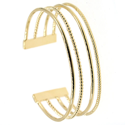 18K gold plated multi-row open cuff bracelet with mixed smooth beaded and rope textures, SKU 32HR116