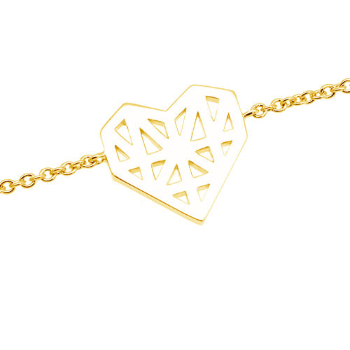 18K gold plated geometric open heart station chain bracelet with faceted cutouts, SKU 32HU1570