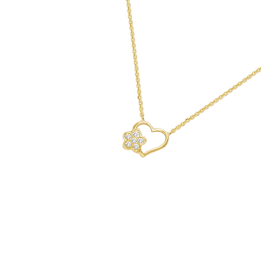18K gold plated open heart necklace with clear cubic zirconia flower accent, SKU 52EI157CZ