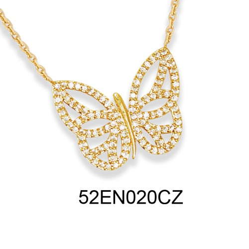 18K gold plated openwork butterfly pendant necklace with clear pavé cubic zirconia, SKU 52EN020CZ
